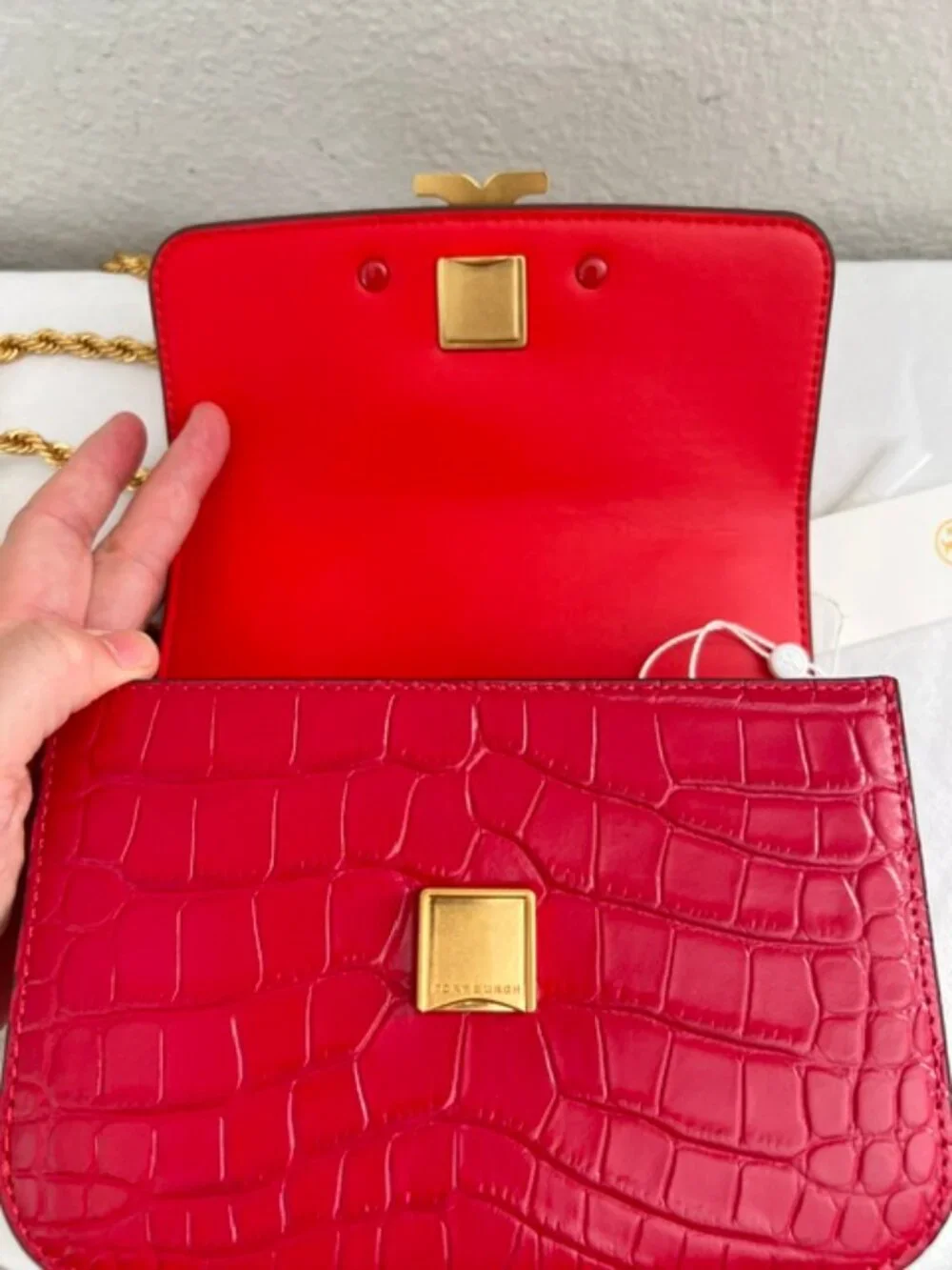 Tory Burch Eleanor Red/Rolled Gold Embossed Small Convertible Shoulder Bag